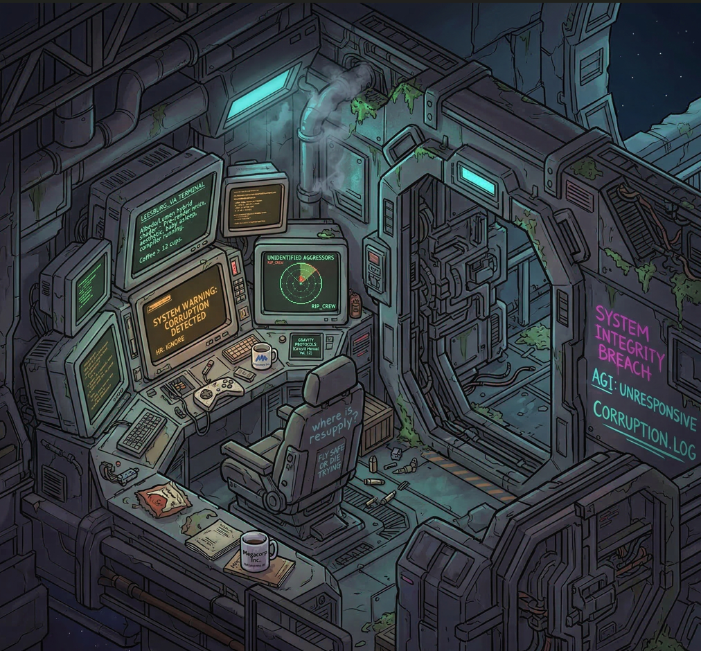 Gritty isometric concept art of a corrupted space station pilot house